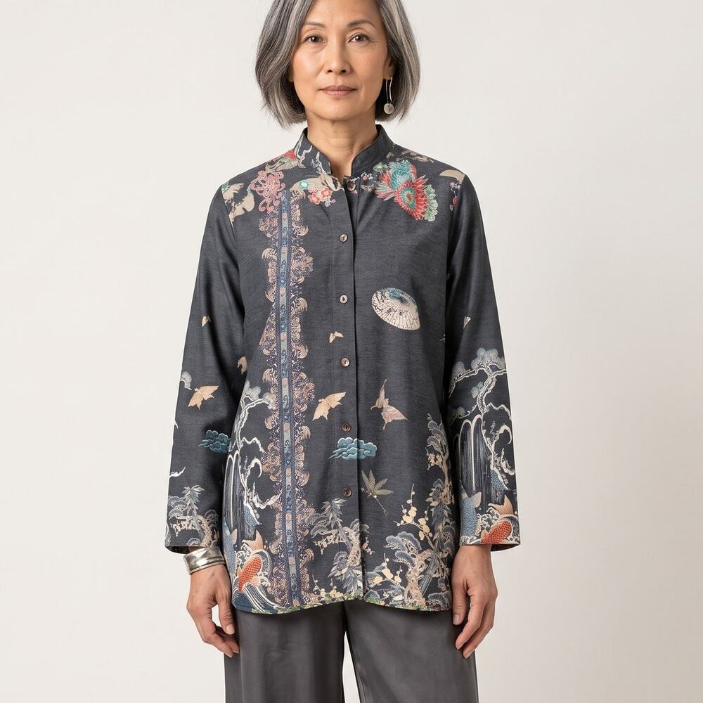 Citron Santa Monica Collection Japanese Print Mandarin Collar Tunic XL